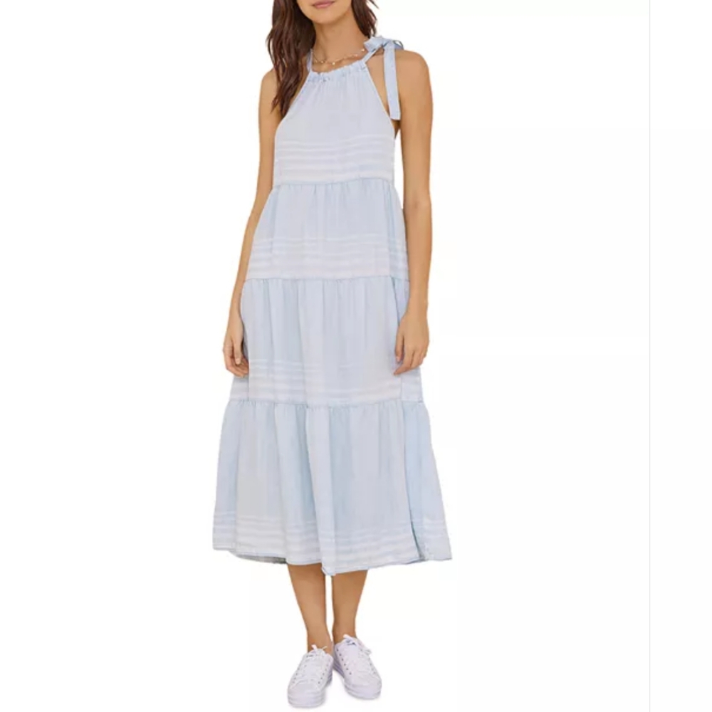 Bella Dahl Light Blue Tiered Midi Dress Tie Neck Resort Vacation Dress M